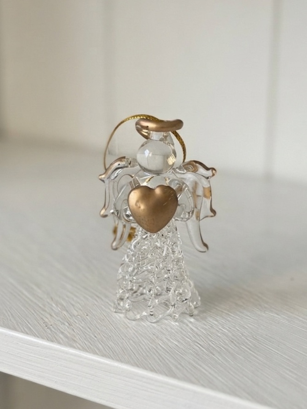 3D Clear Glass Angel Figurine with Gold Heart & Halo Christmas Ornament